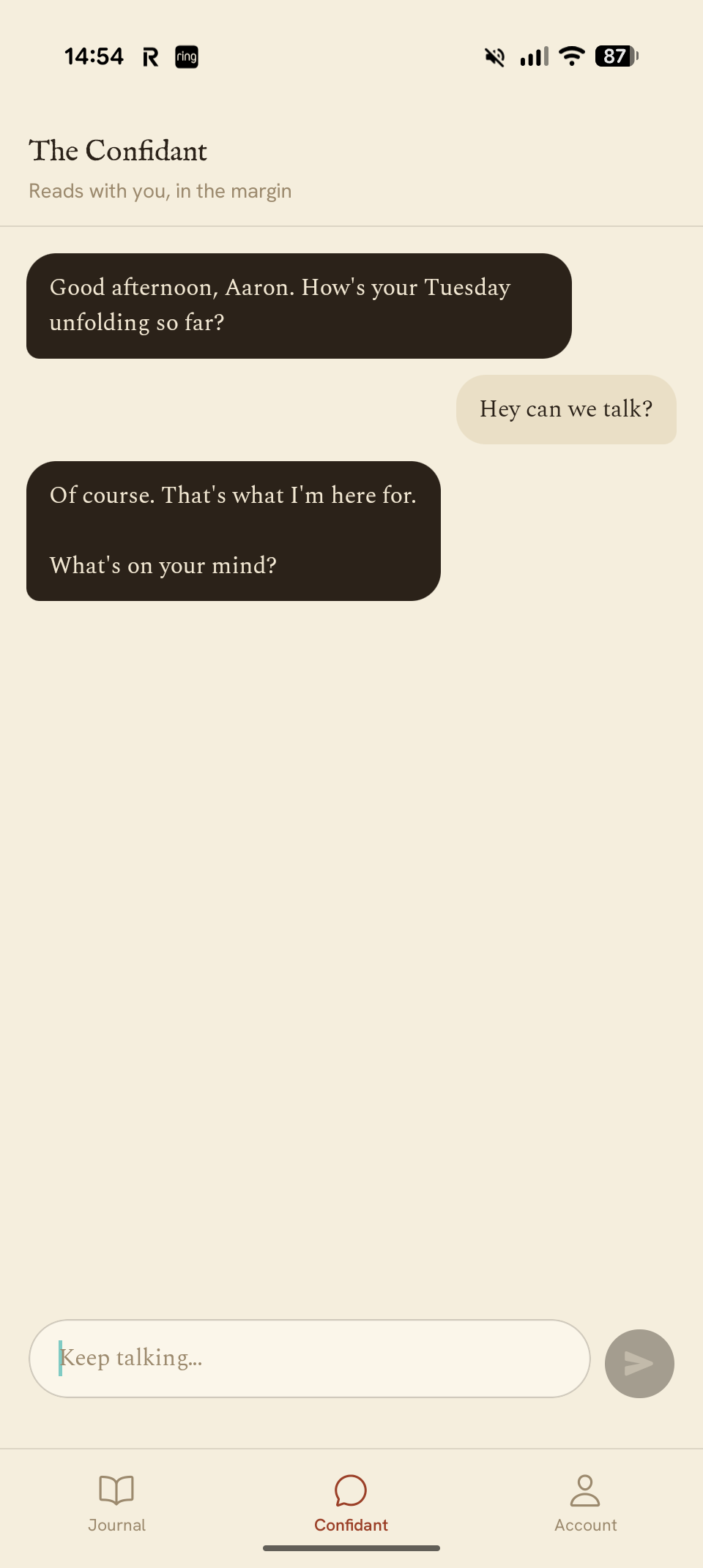 The Candid app's Confidant screen, showing a conversation with the journalling assistant