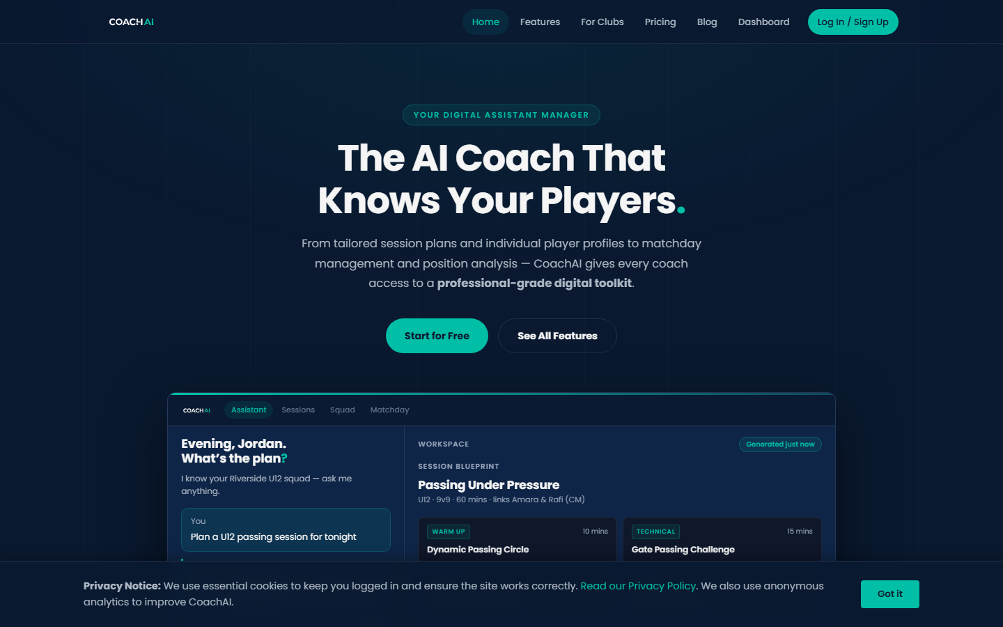 The CoachAI web app home page, showing the AI session planner